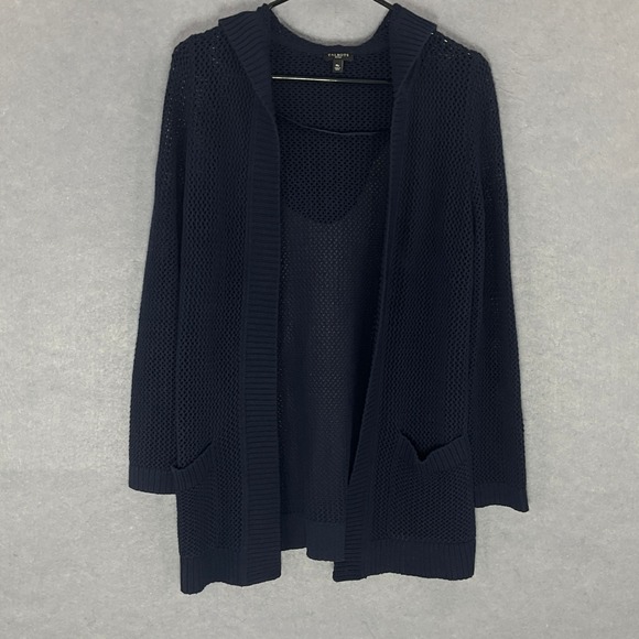 Talbots Cardigan Women Petite Sz M‎ Navy Blue 100% Cotton Knit Hooded Open Front - Picture 1 of 12
